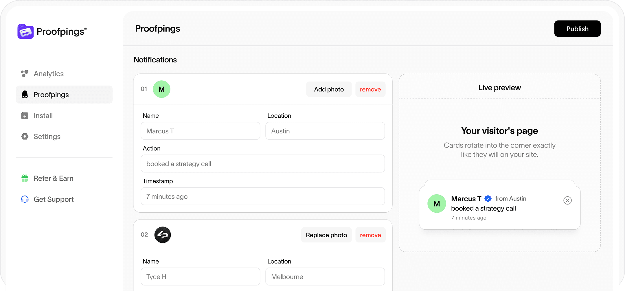 Proofpings dashboard showing notification preview, analytics, and embed code setup
