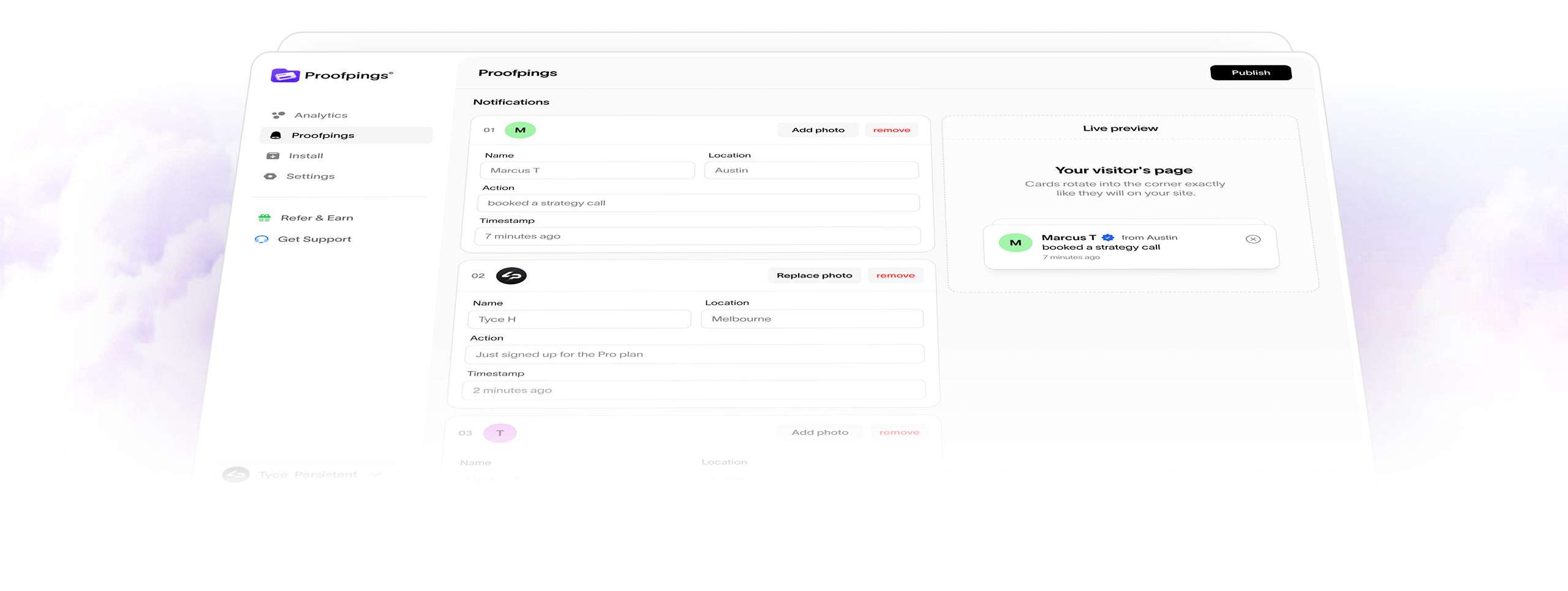 Proofpings dashboard with social-proof notifications